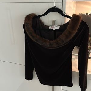 Mink fur boat neck velvet top